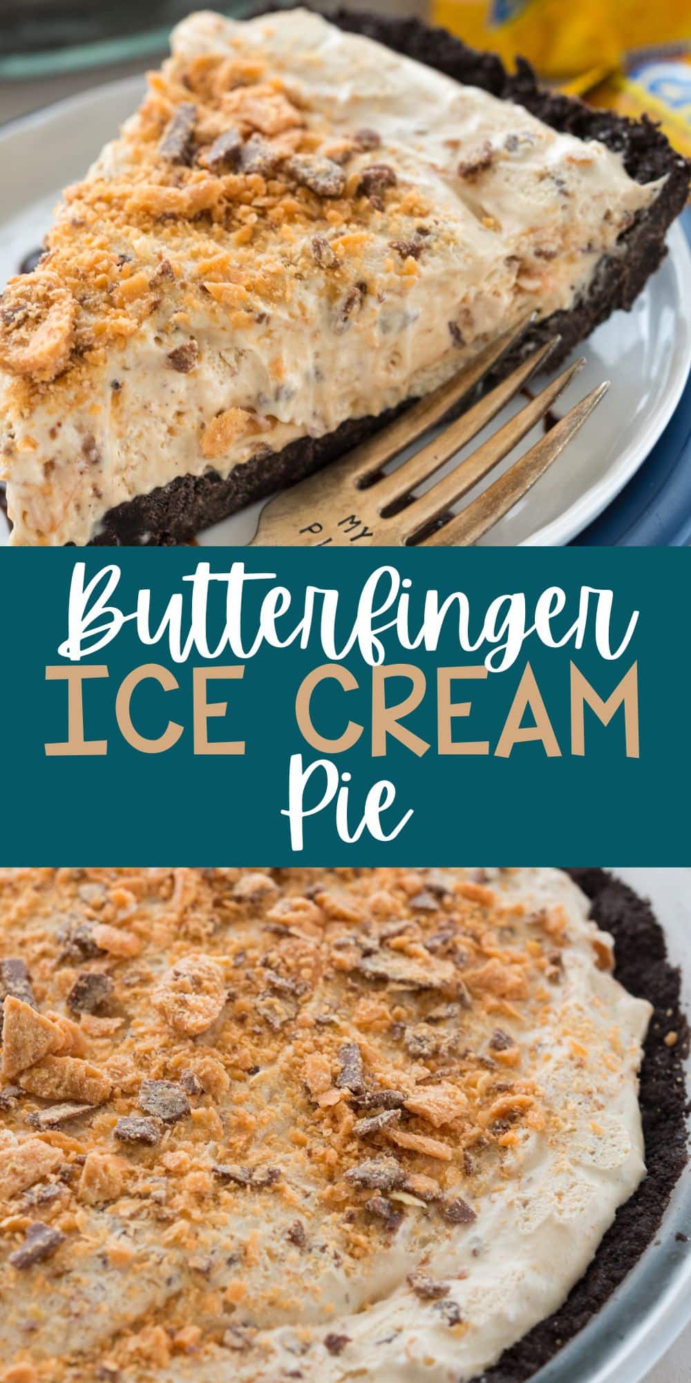 two photos of butterfinger pie on a white plate covered in chocolate sauce with words on the image.