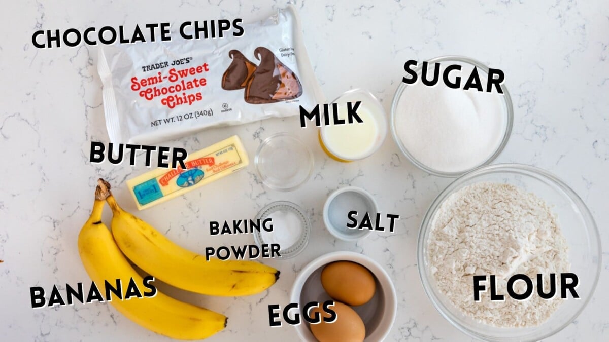 ingredients of chocolate chip banana bread.