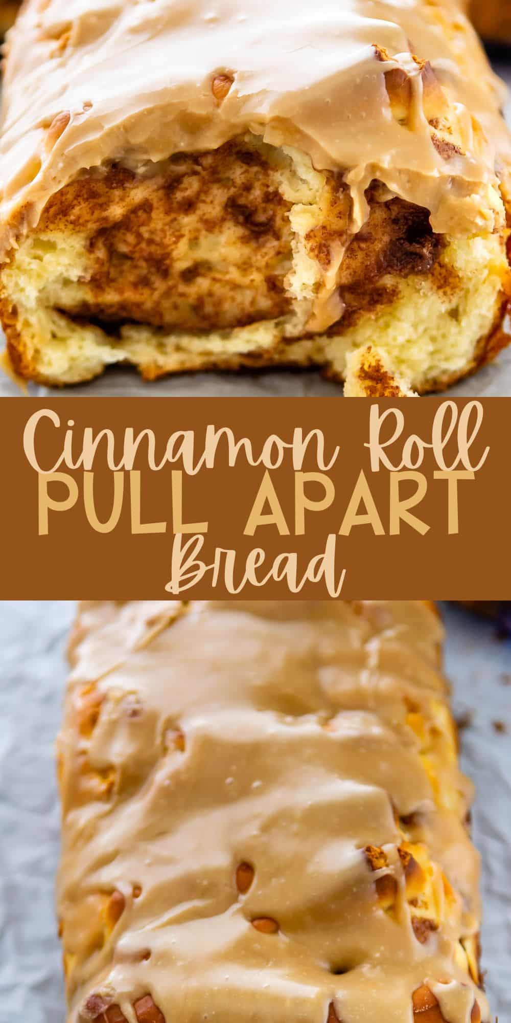 two photos of cinnamon roll sliced and topped with a glaze with words on the image.