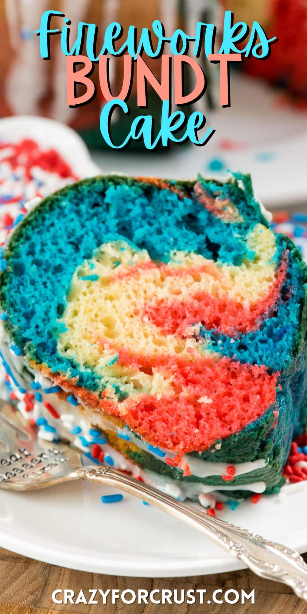 red and blue swirled bundt cake on a white plate with words on the image.