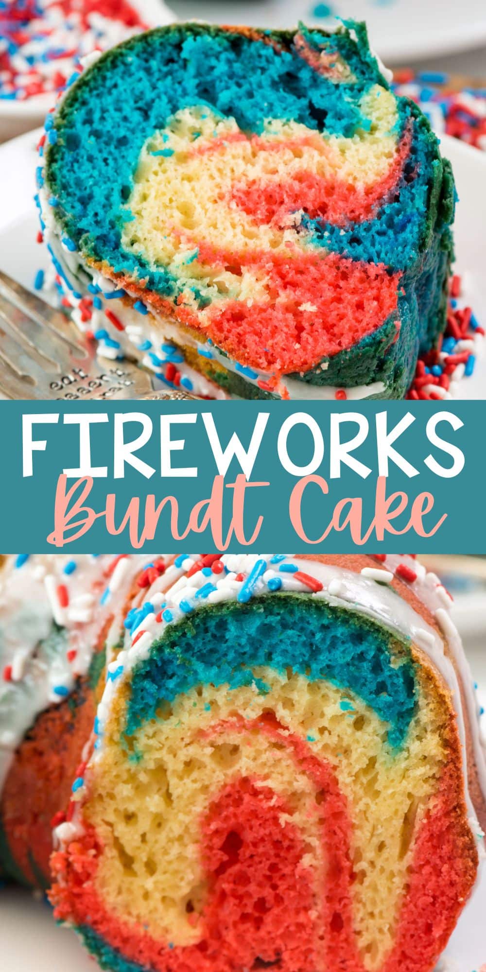 two photos of red and blue swirled bundt cake on a white plate with words on the image.