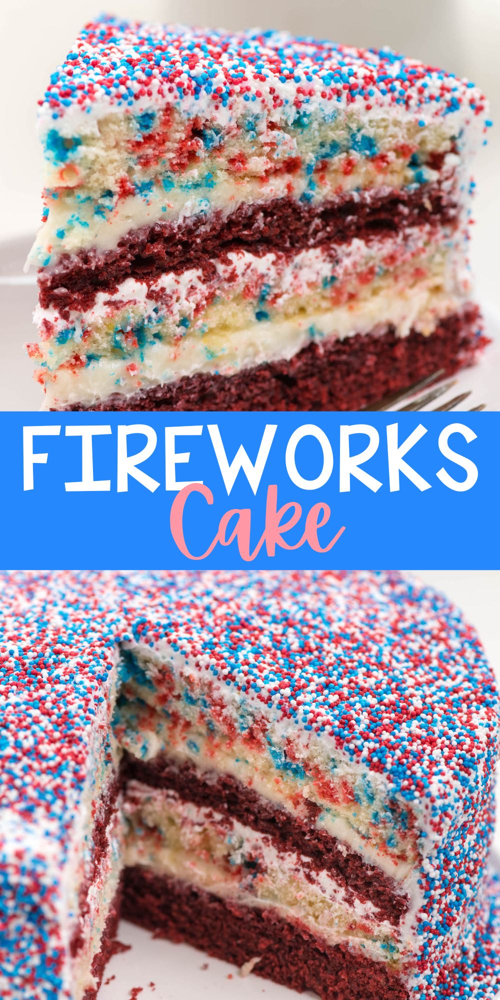 two photos of yellow and red layered cake covered in patriotic sprinkles on a white plate with words on the image.