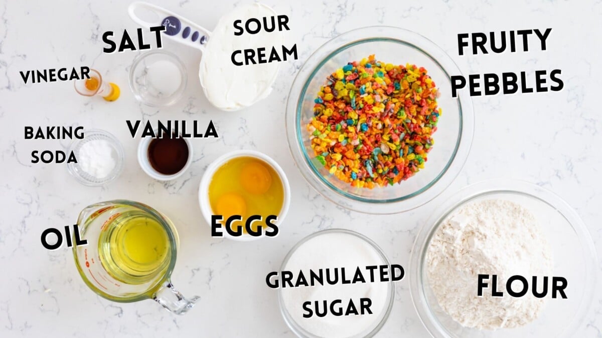 ingredients of fruity pebble muffins.