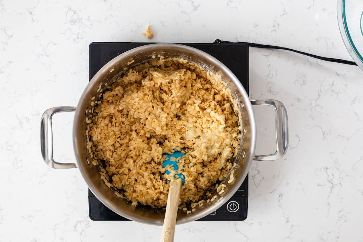 process shot of banana Rice Krispie Treats.