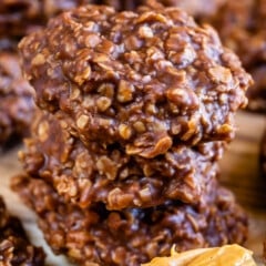 stacked chocolate cookies with oats in them.