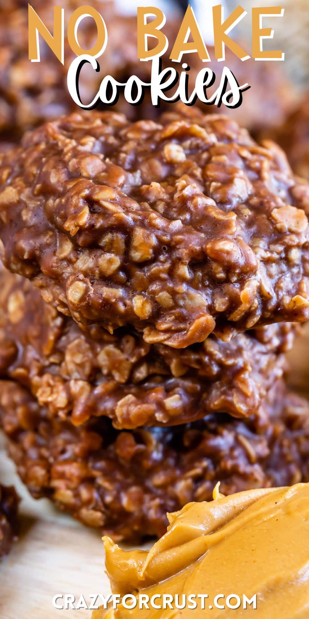 stacked chocolate cookies with oats in them with words on the image.