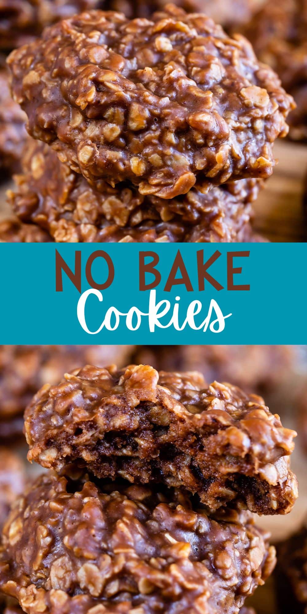 two photos of stacked chocolate cookies with oats in them with words on the image.