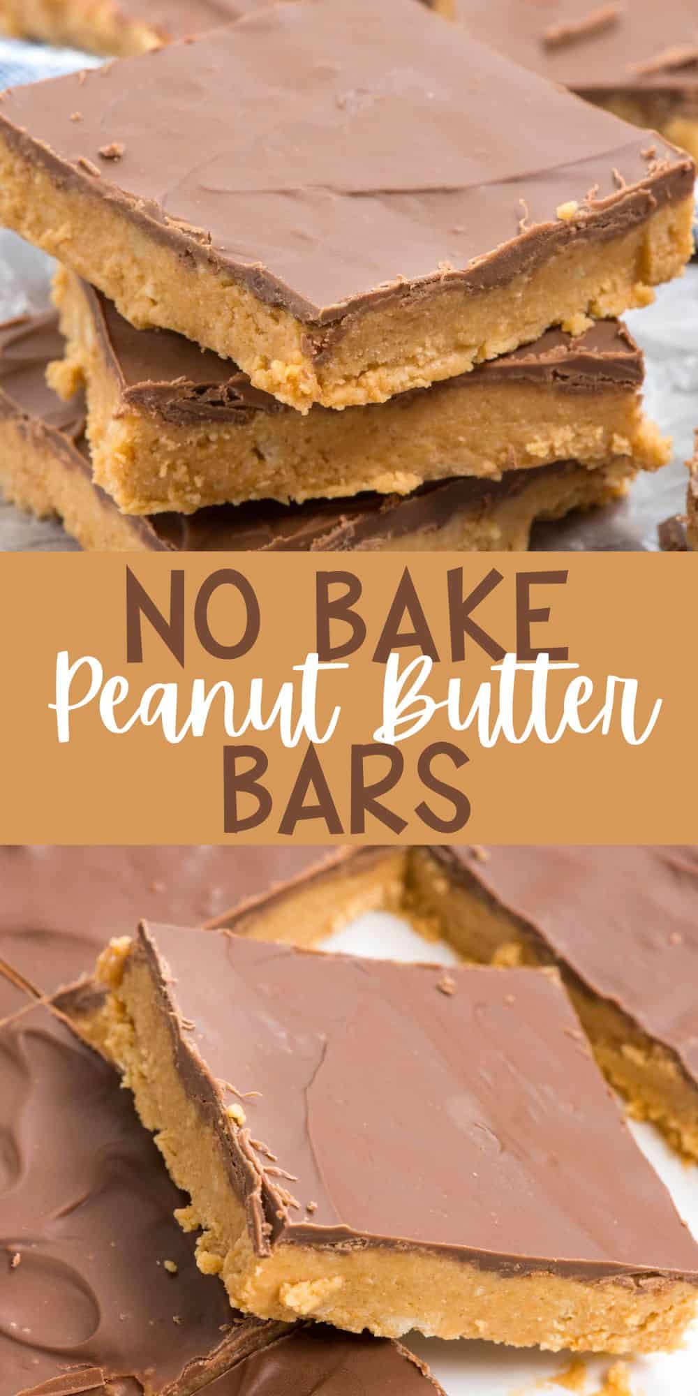 two photos of stacked peanut butter bars next to a spoonful of peanut butter with words on the image.