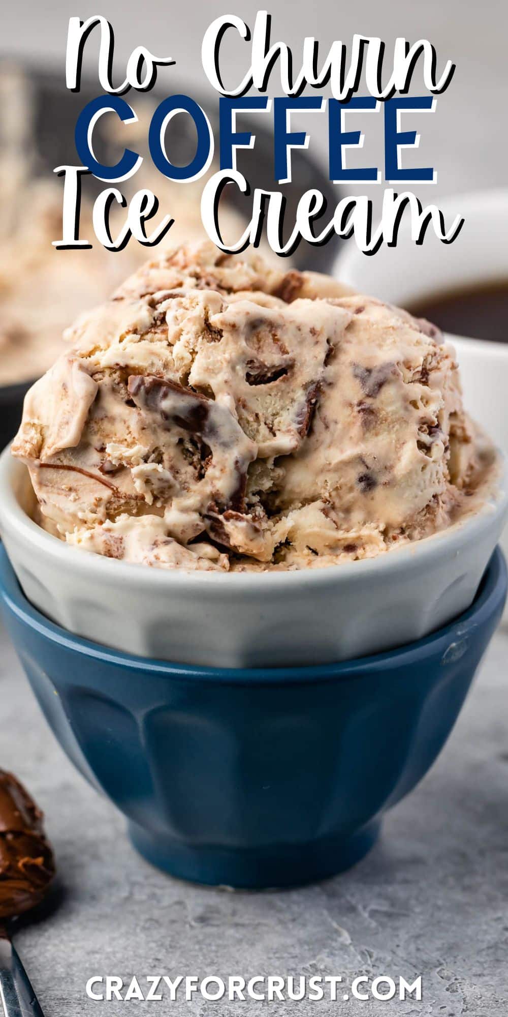 ice cream in a white and blue cup next to a spoonful of nutella with words on the image.