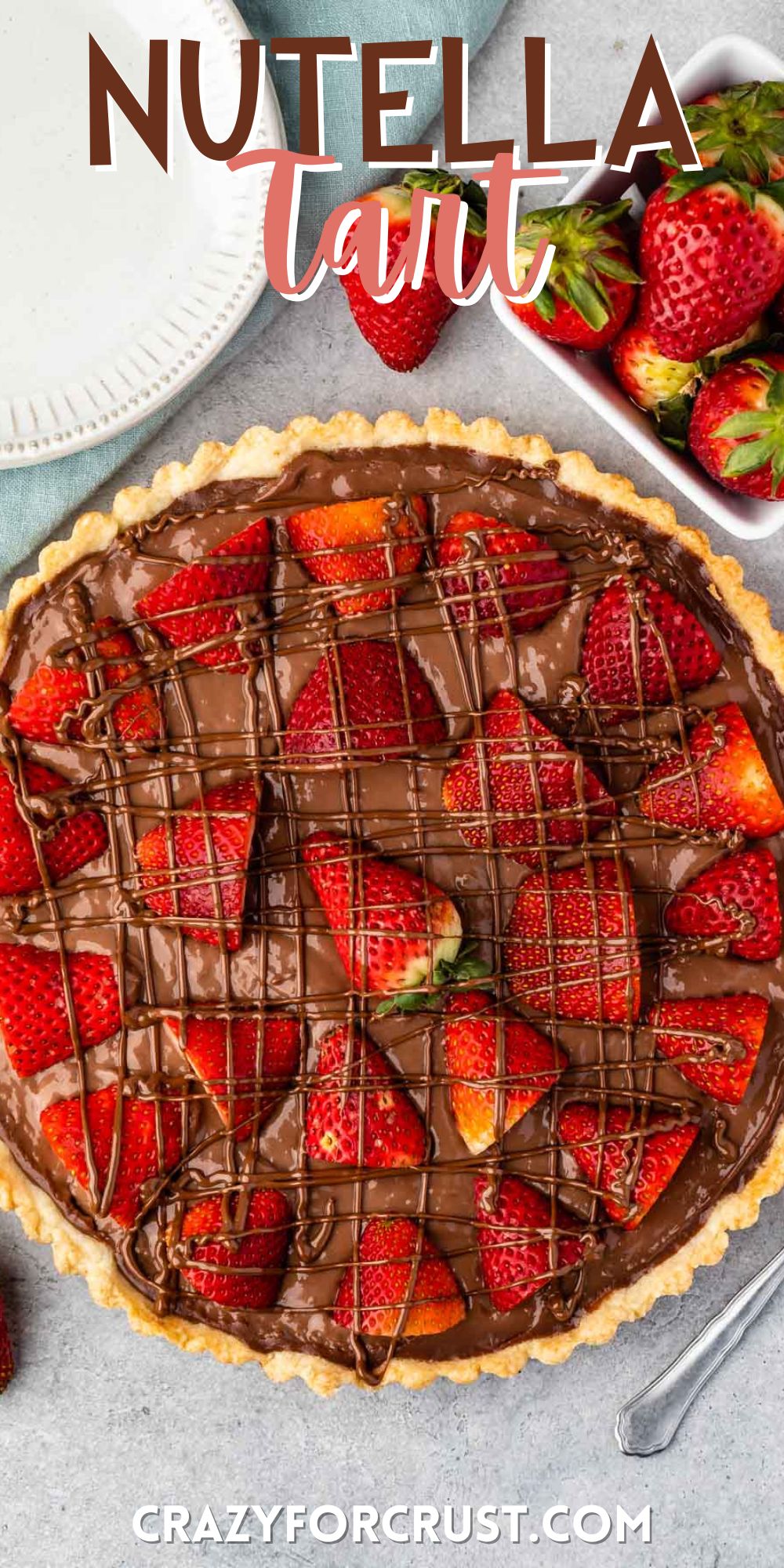 tart in crust covered with chocolate and strawberries with words on the image.