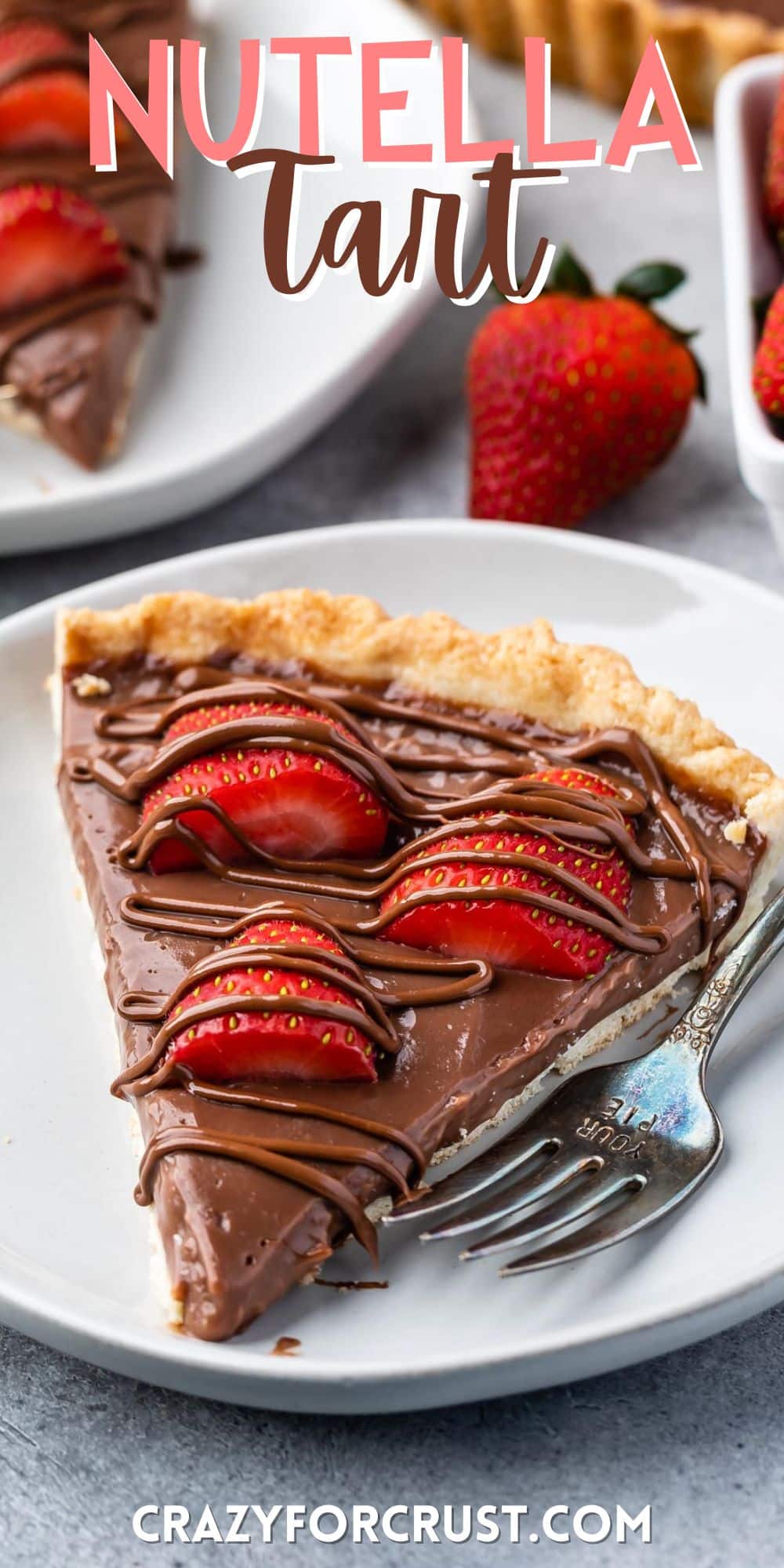 tart in crust covered with chocolate and strawberries with words on the image.