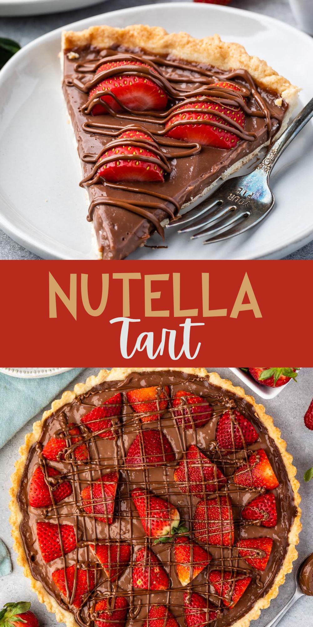 two photos of tart in crust covered with chocolate and strawberries with words on the image.