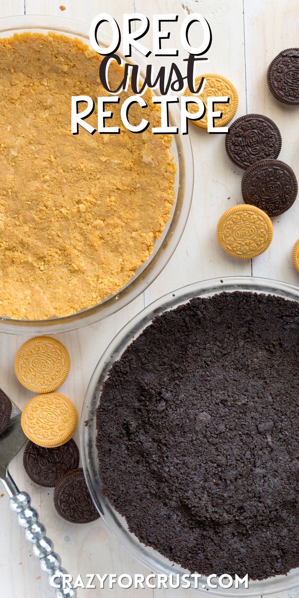 regular and golden oreos crushed into a pie crust form in clear pie pans.