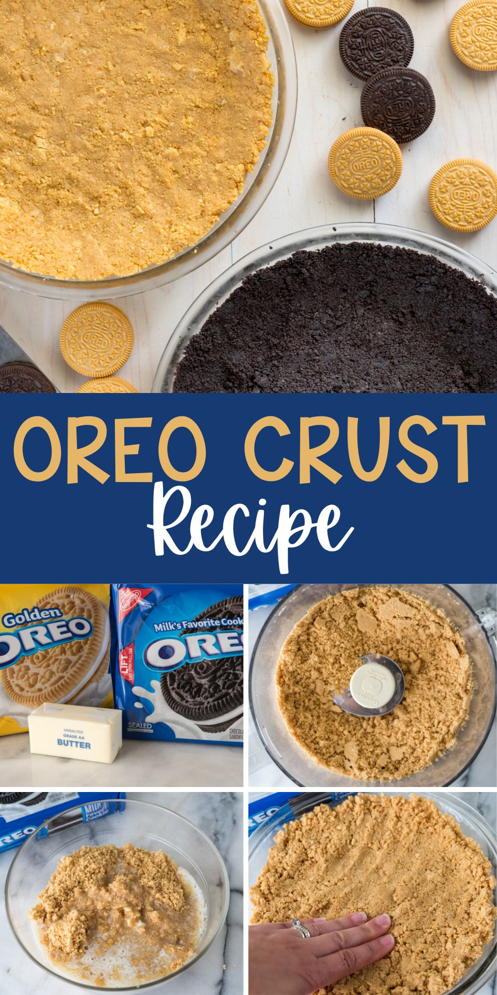 two photos of regular and golden oreos crushed into a pie crust form in clear pie pans.