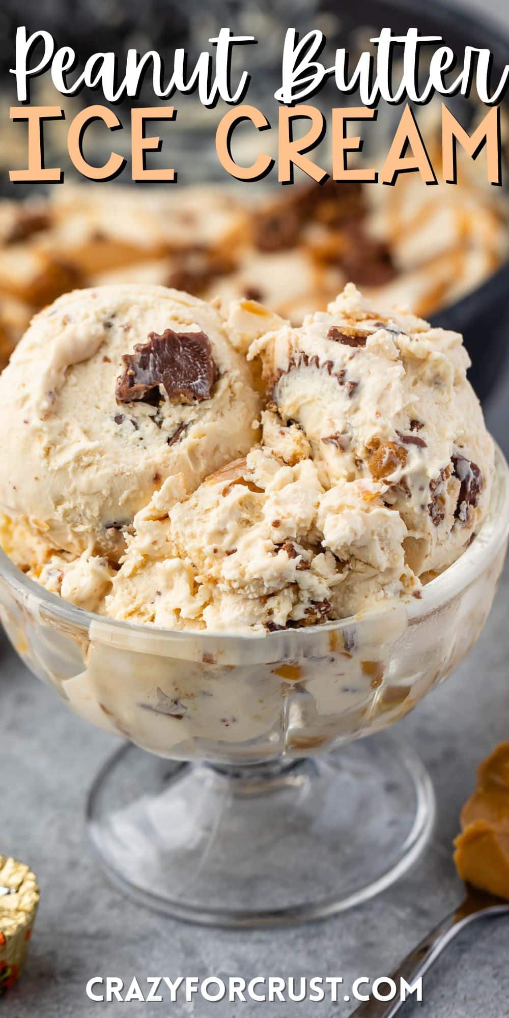 ice cream in a clear ice cream glass next to a spoonful of peanut butter with words on the image.