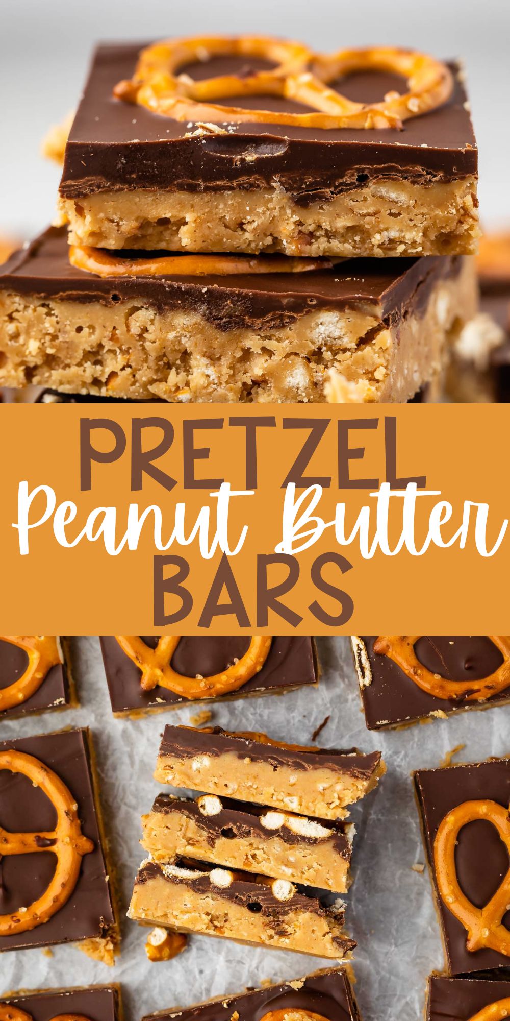 two photos of stacked peanut butter bars with a layer of chocolate on top with a pretzel with words on the image.