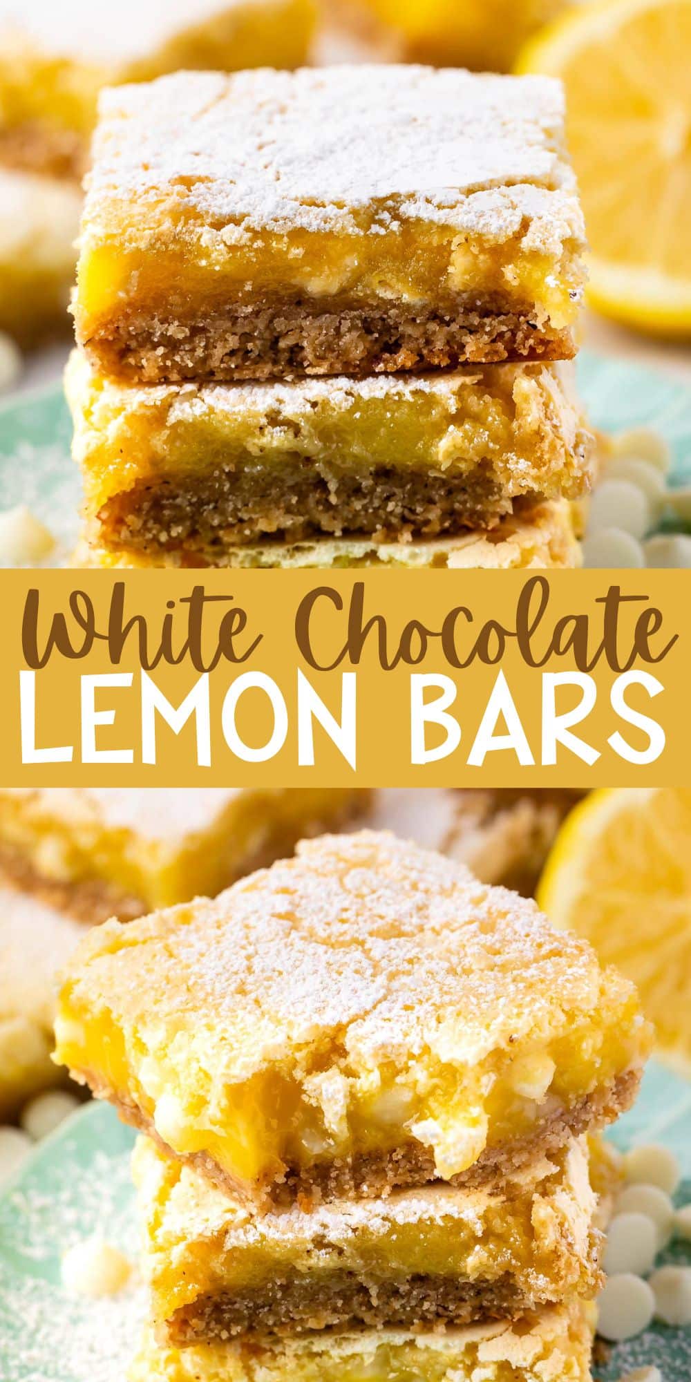 two images stacked lemon bars topped with powdered sugar with words on the image.