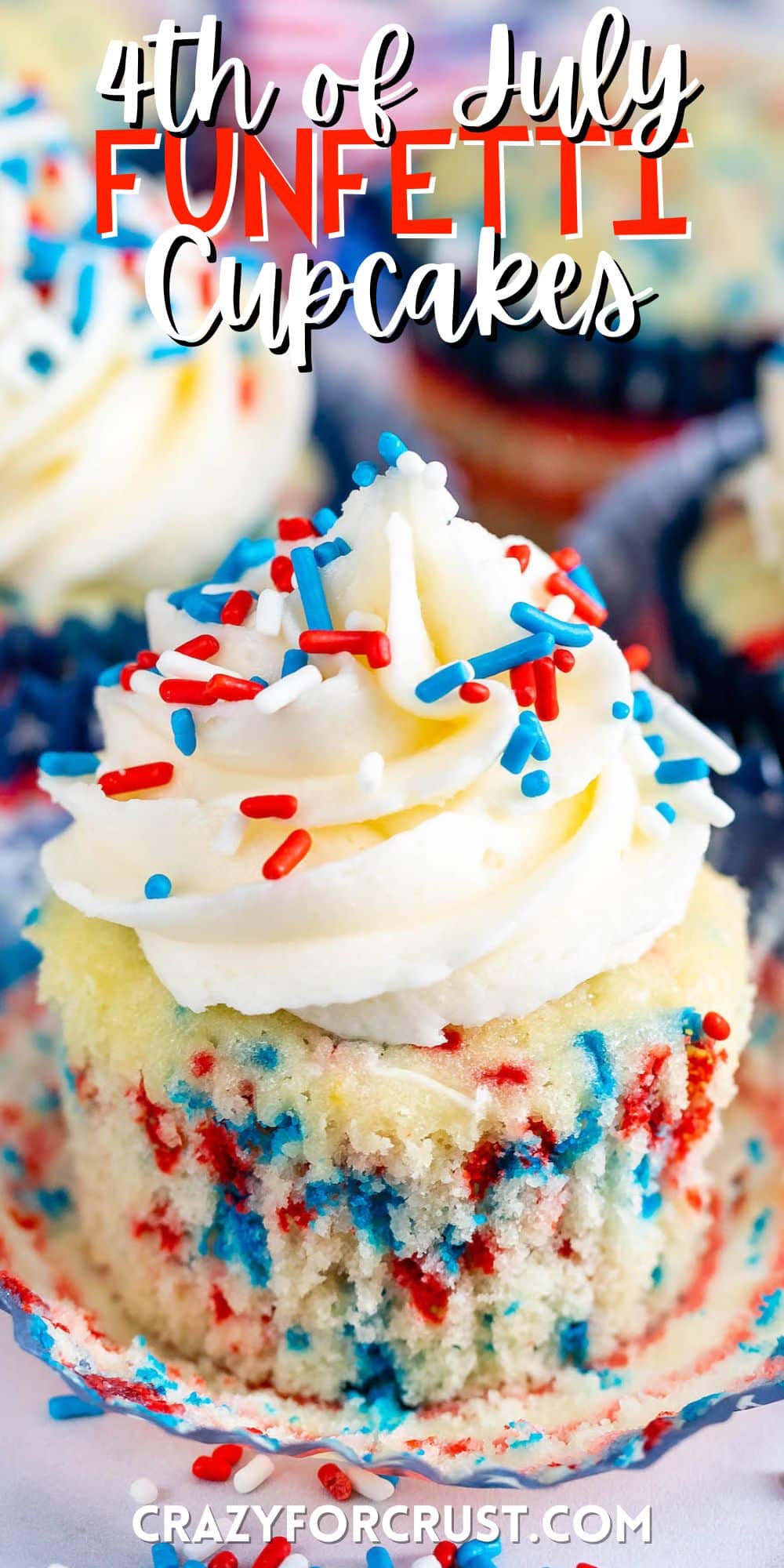 cupcakes with vanilla frosting and with red white and blue sprinkles on top with words on the image.