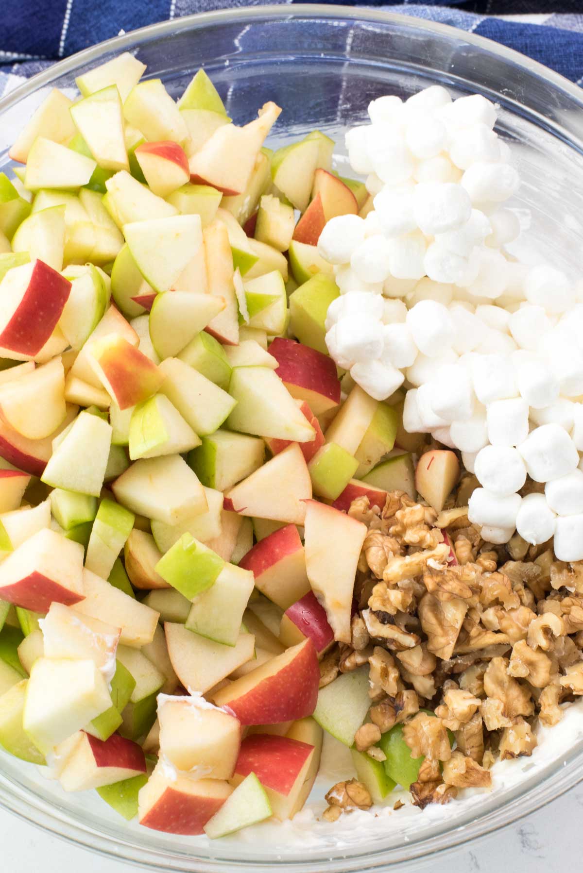 sliced apple and nuts and marshmallows separated in a bowl.