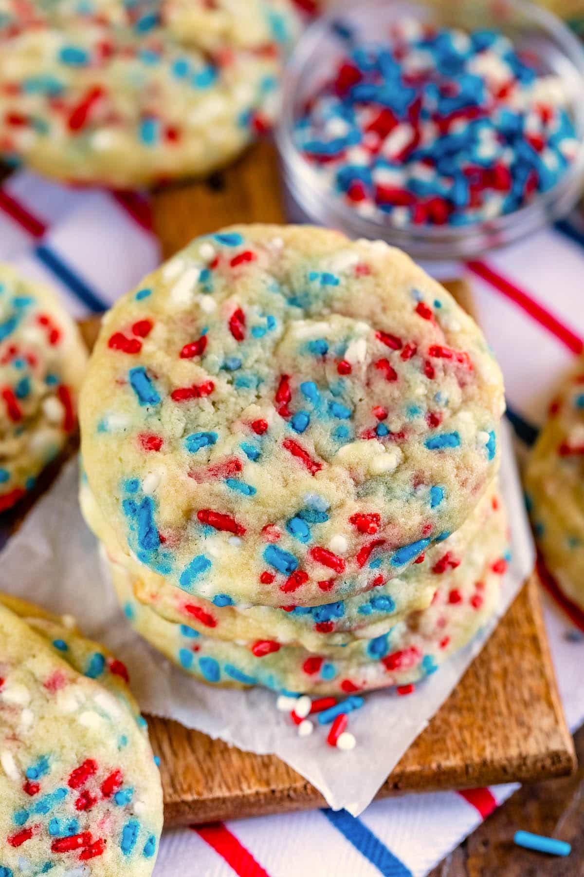 stacked cookies with red white and blue sprinkles baked in.