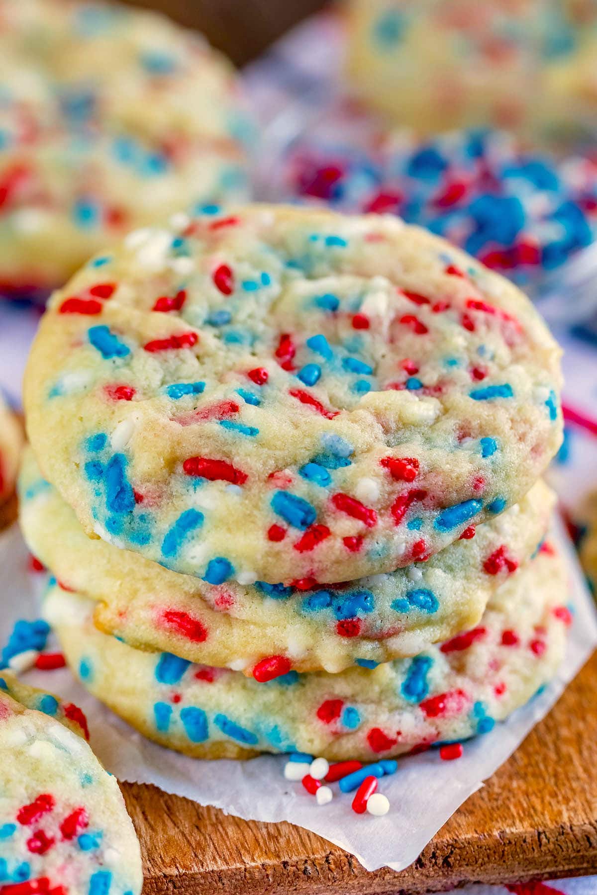 stacked cookies with red white and blue sprinkles baked in.