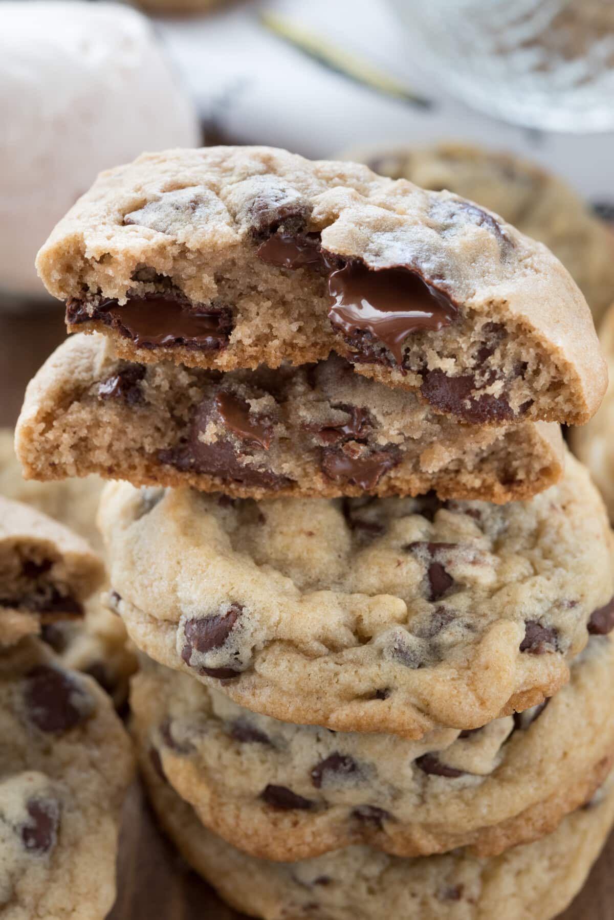 stacked chocolate chip cookies.