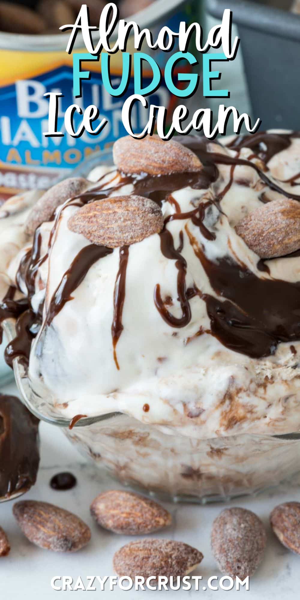 ice cream covered in chocolate syrup and almonds with words on the image.