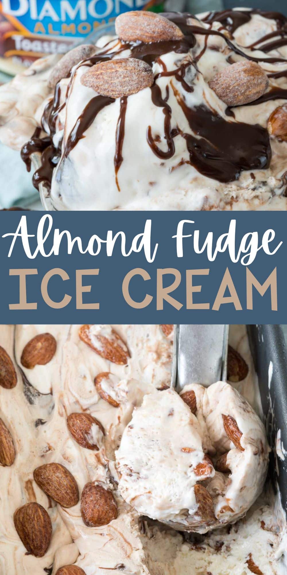 two photos of ice cream covered in chocolate syrup and almonds with words on the image.