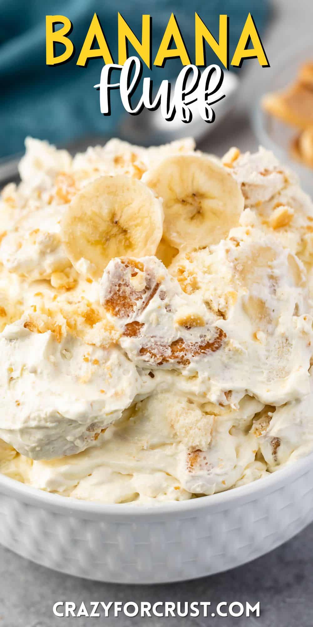 banana fluff in a white bowl with banana slices on top with words on the image.