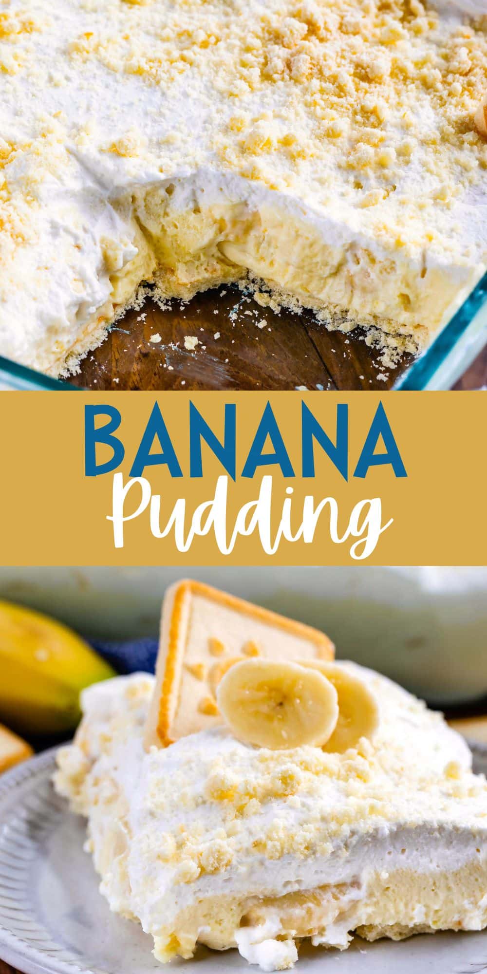 two photos of bananas and pudding stacked with crumbles on top with words on the image.