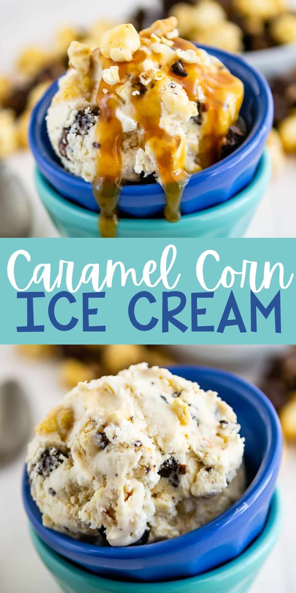 two photos of stacked blue bowls with ice cream in the bowls topped with caramel with words on the image.