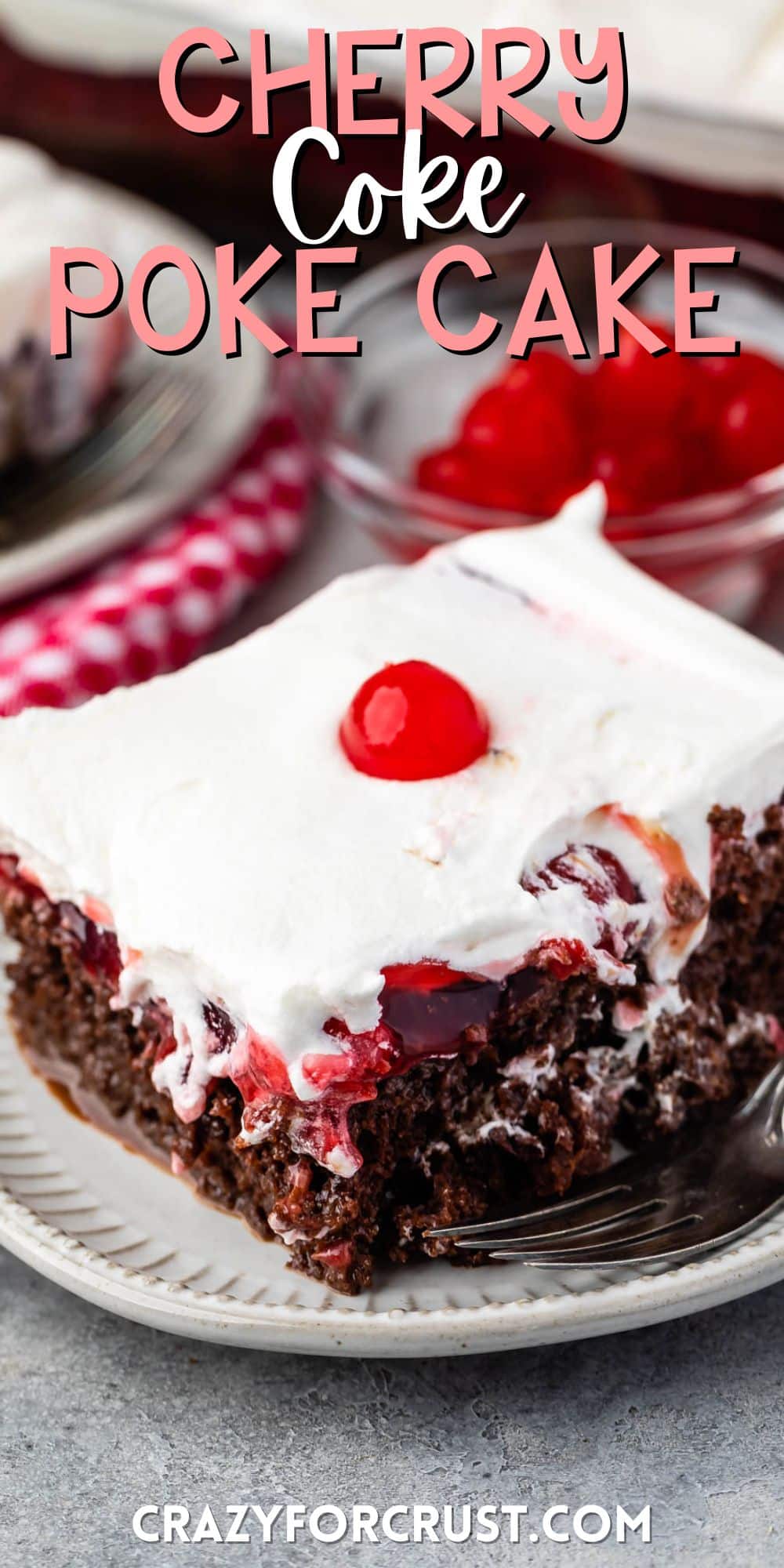 cherry coke cake topped with white topping and a cherry with words on the images.