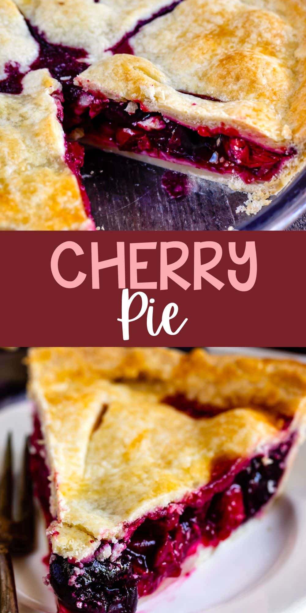 two photos of cherry pie with cherry pie filling in the crust with words on the image.