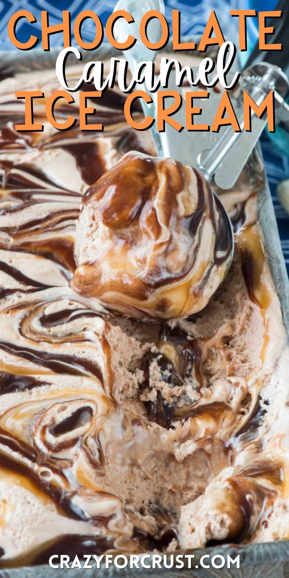 ice cream swirled with chocolate and caramel sauce with words on the image.