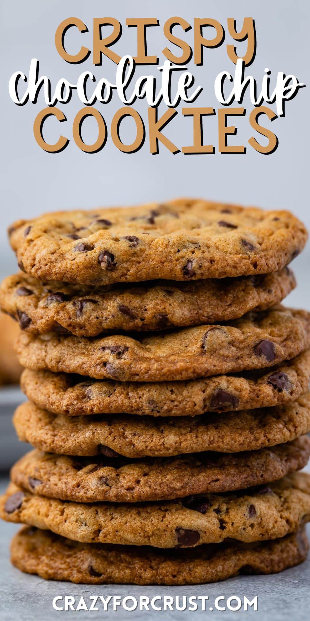 large stack of chocolate chip cookies with words on the image.