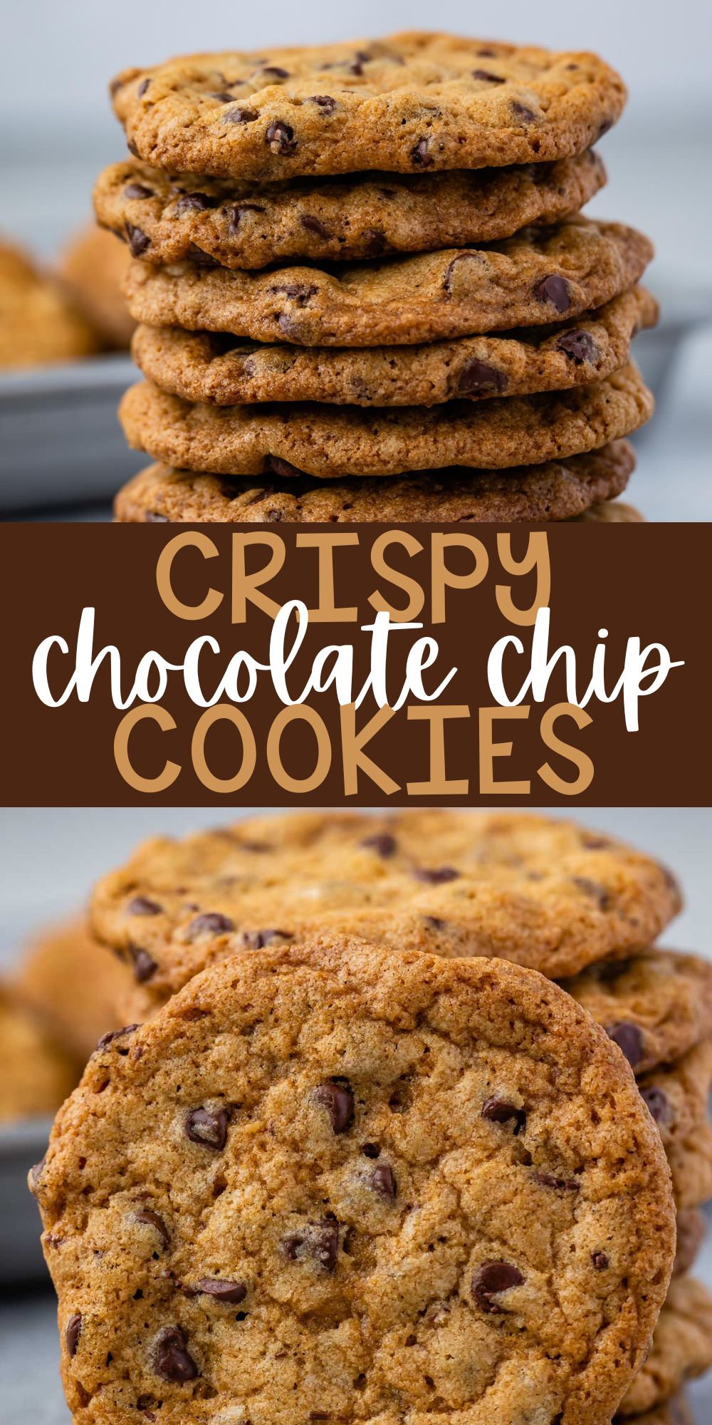 two photos of large stack of chocolate chip cookies with words on the image.