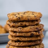large stack of chocolate chip cookies.