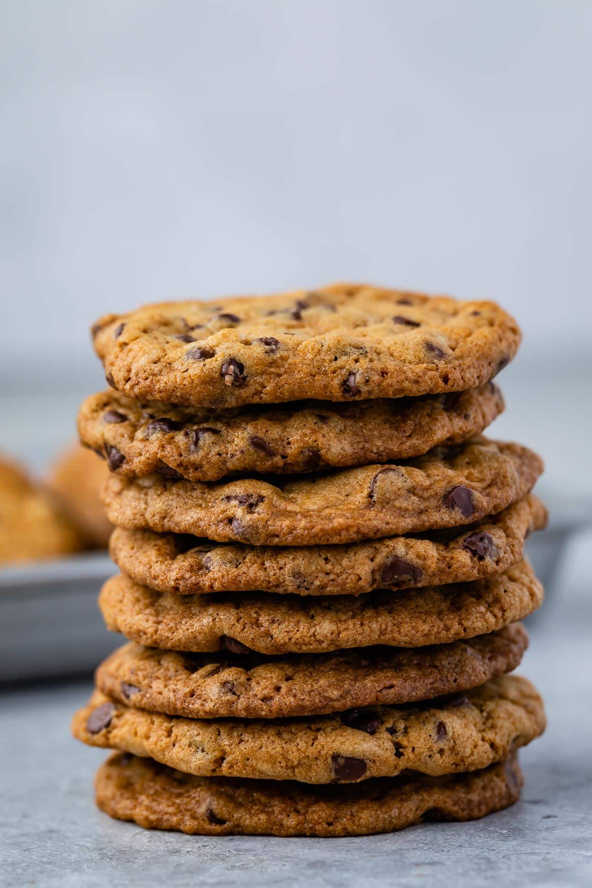 large stack of chocolate chip cookies.