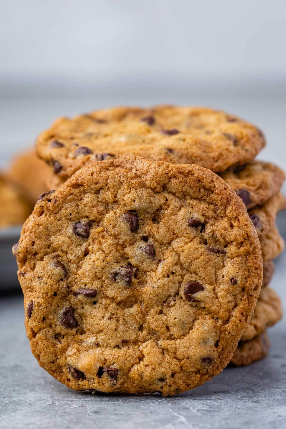 large stack of chocolate chip cookies.