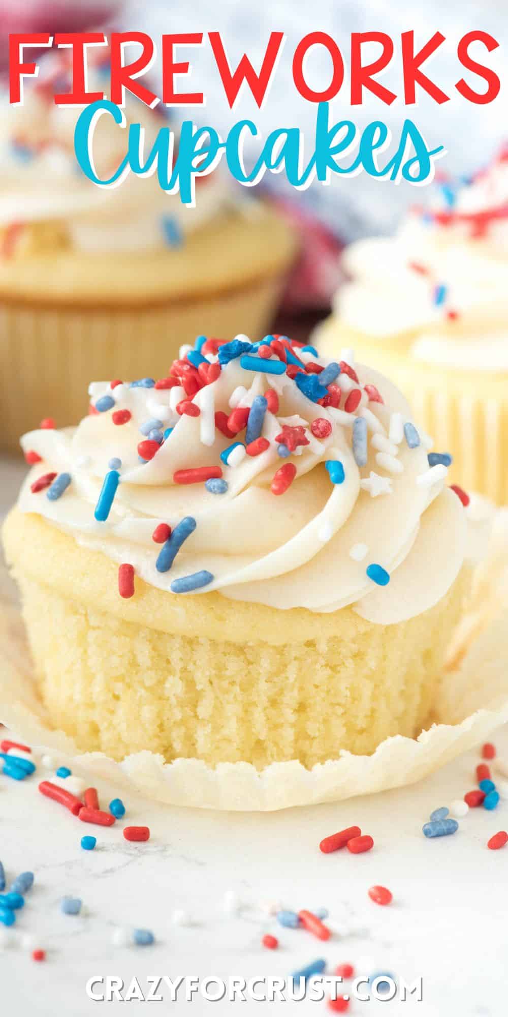 cupcakes covered in red white and blue sprinkles and white frosting words on the image.