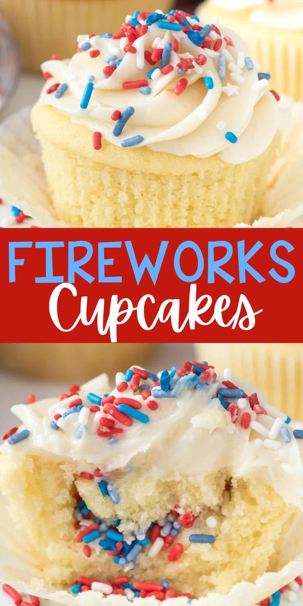 two photos cupcakes covered in red white and blue sprinkles and white frosting words on the image.