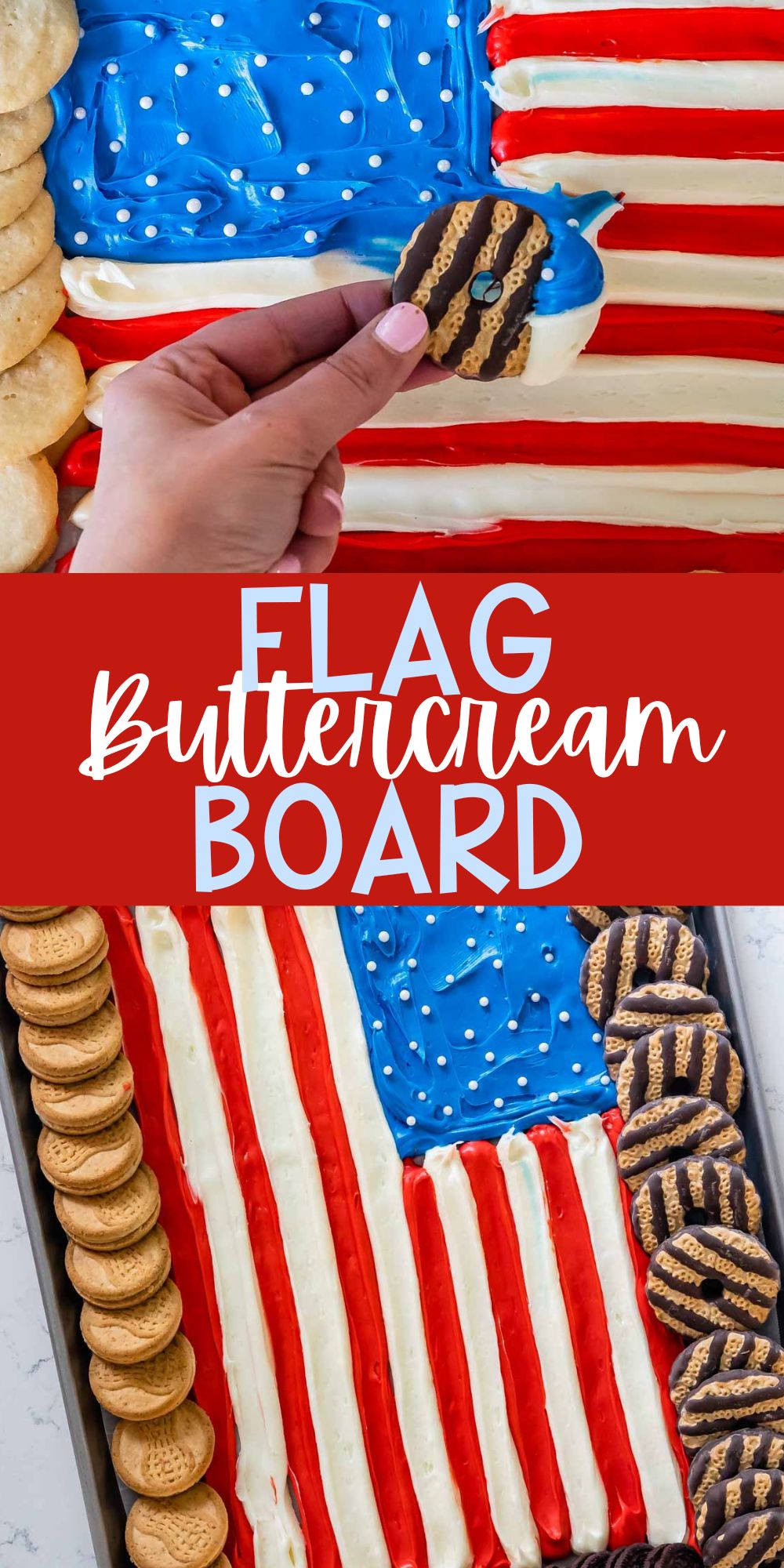 two photos of american flag made up out of frosting and surrounded by Girl Scout cookies with words on the image.