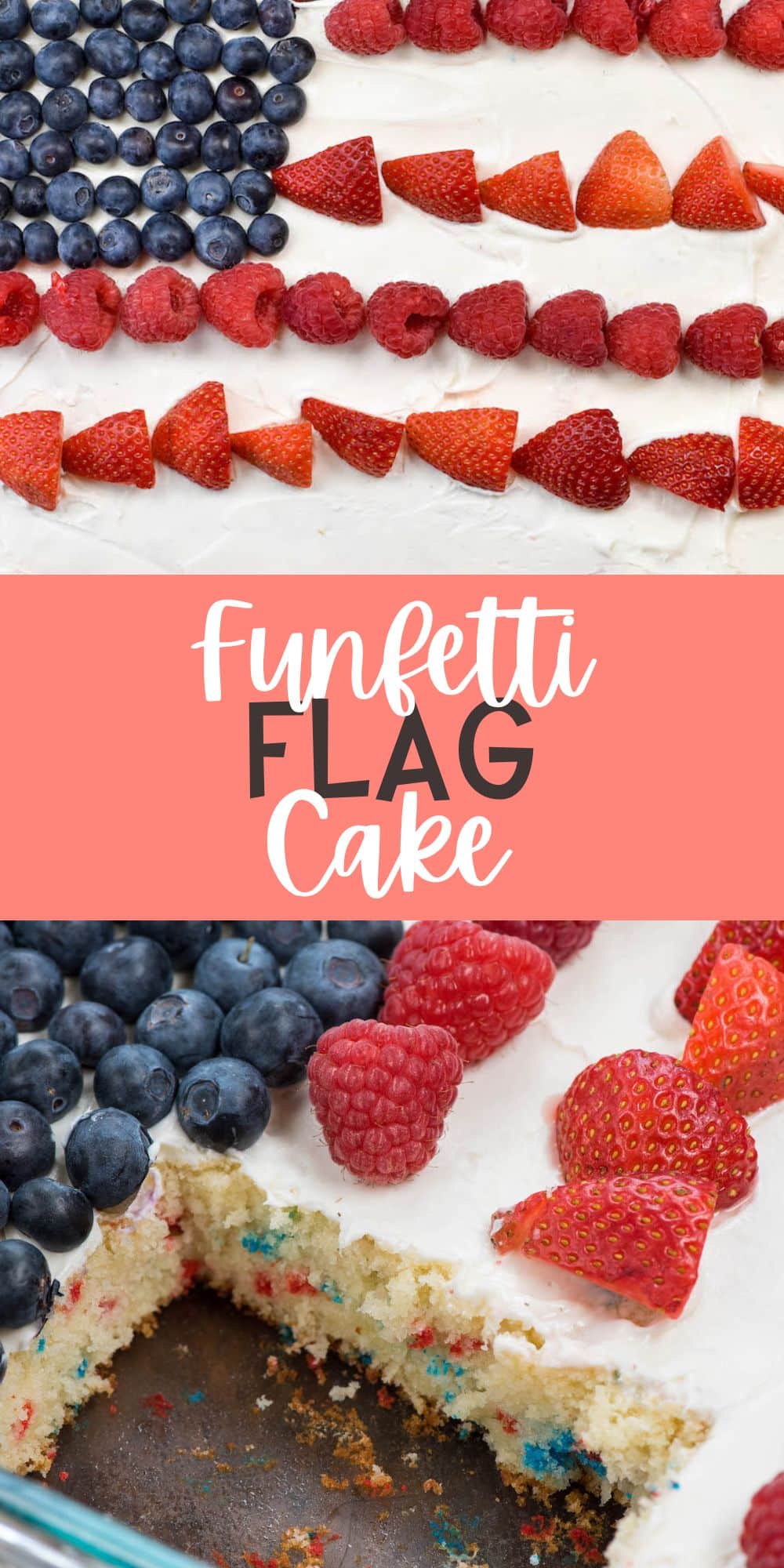 two photos of flag cake with blueberries and strawberries on top forming the American flag with words on the image.