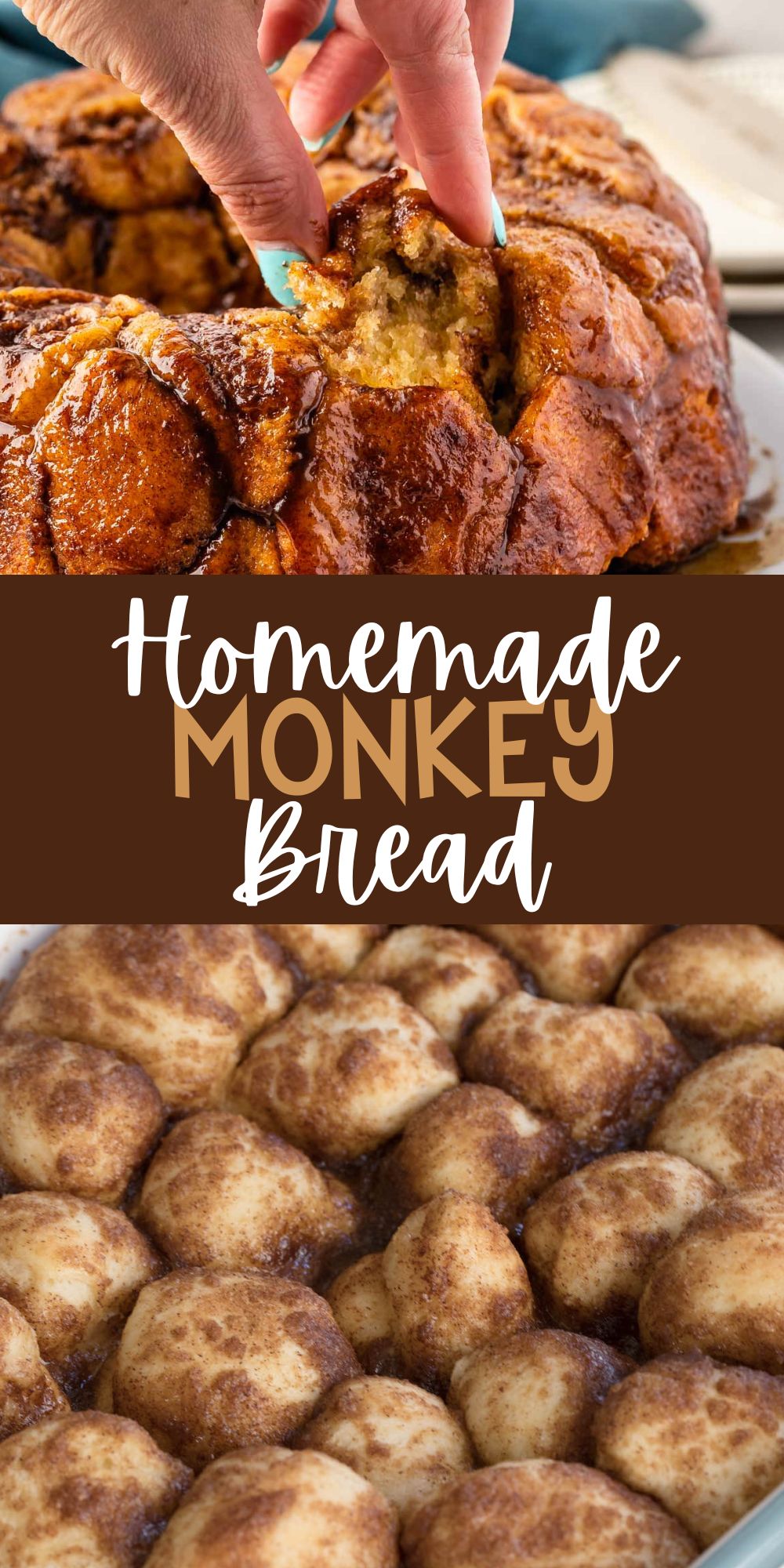 two photos of monkey bread on a white plate with a hand holding a piece of it with words on the image.