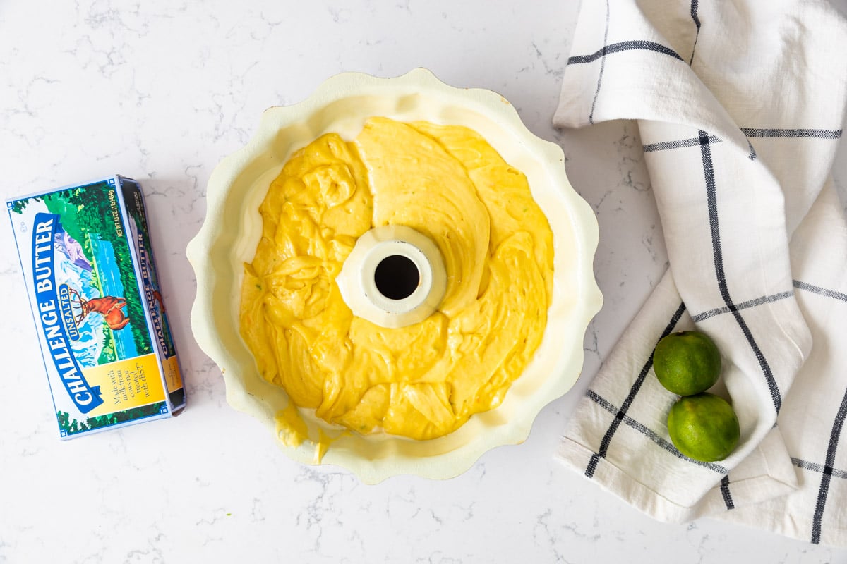 cake batter in bundt pan.