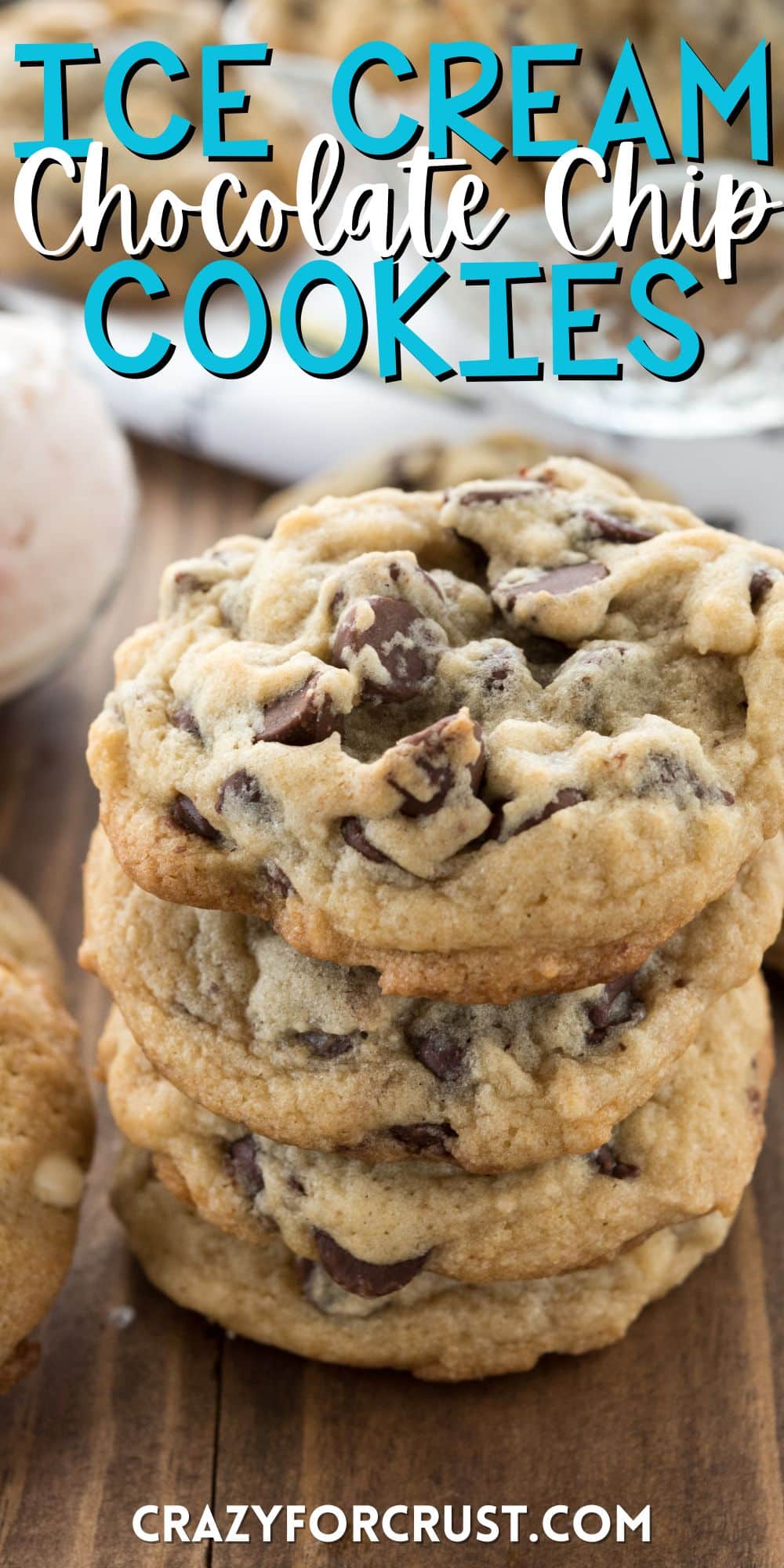 stacked chocolate chip cookies with words on the image.