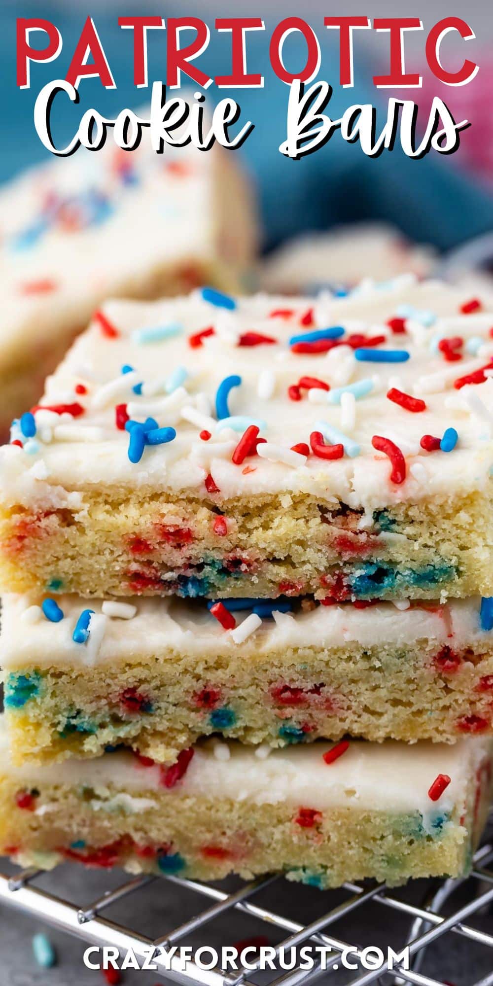 stacked sugar cookie bars with vanilla frosting and red white and blue sprinkles on top with words on the image.