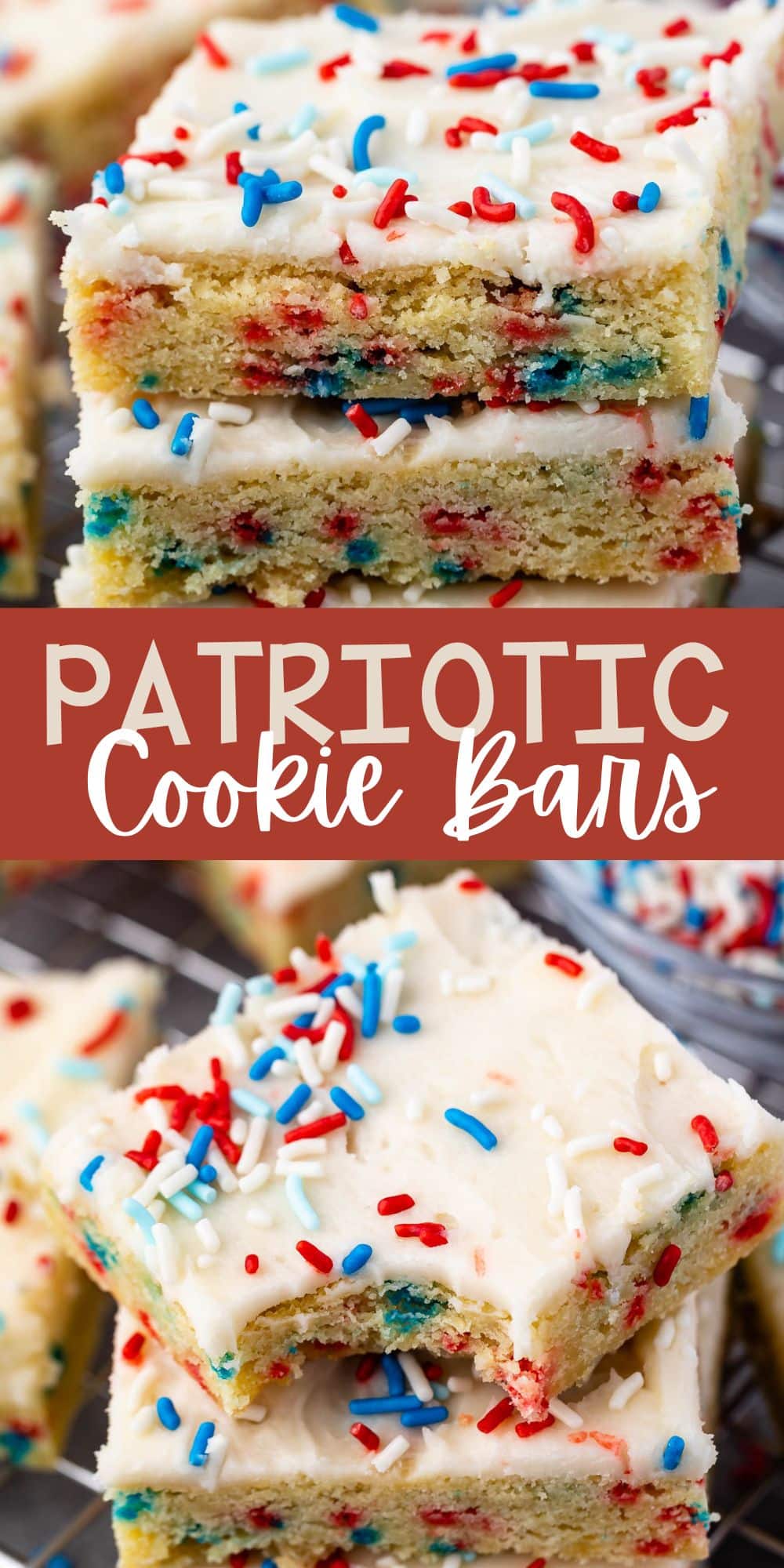 two photos of stacked sugar cookie bars with vanilla frosting and red white and blue sprinkles on top with words on the image.