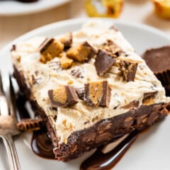 square slice of ice cream brownies on a white plate next to a fork.