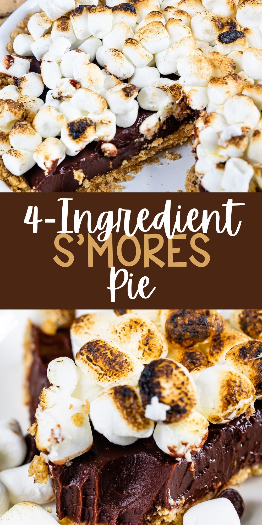 two photos of s'mores pie topped with many marshmallows in a white pie plate with words on the image.